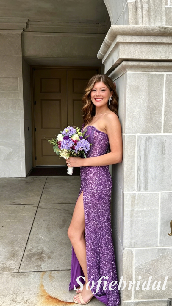 Lavender Strapless Sequin Mermaid Prom Dress With Slit Formal Evening Gown, PD01276