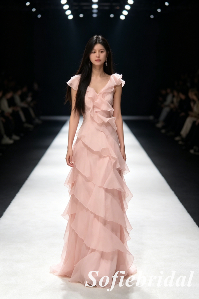 Blush Pink V Neck Ruffle Tiered Tulle Formal Gown Evening Party Dress, PD01277