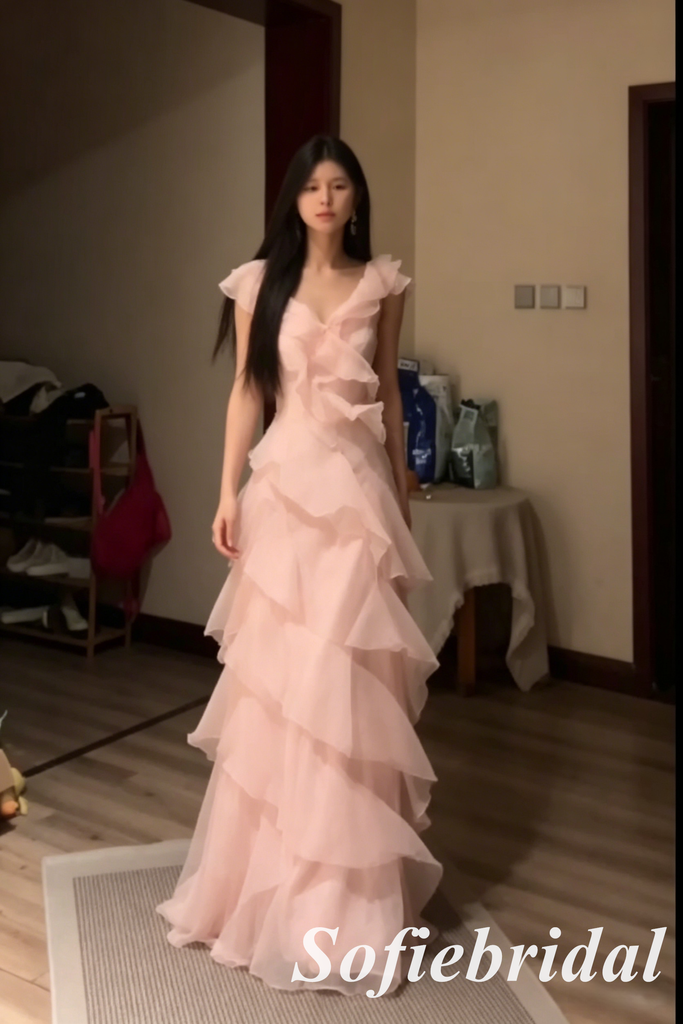 Blush Pink V Neck Ruffle Tiered Tulle Formal Gown Evening Party Dress, PD01277