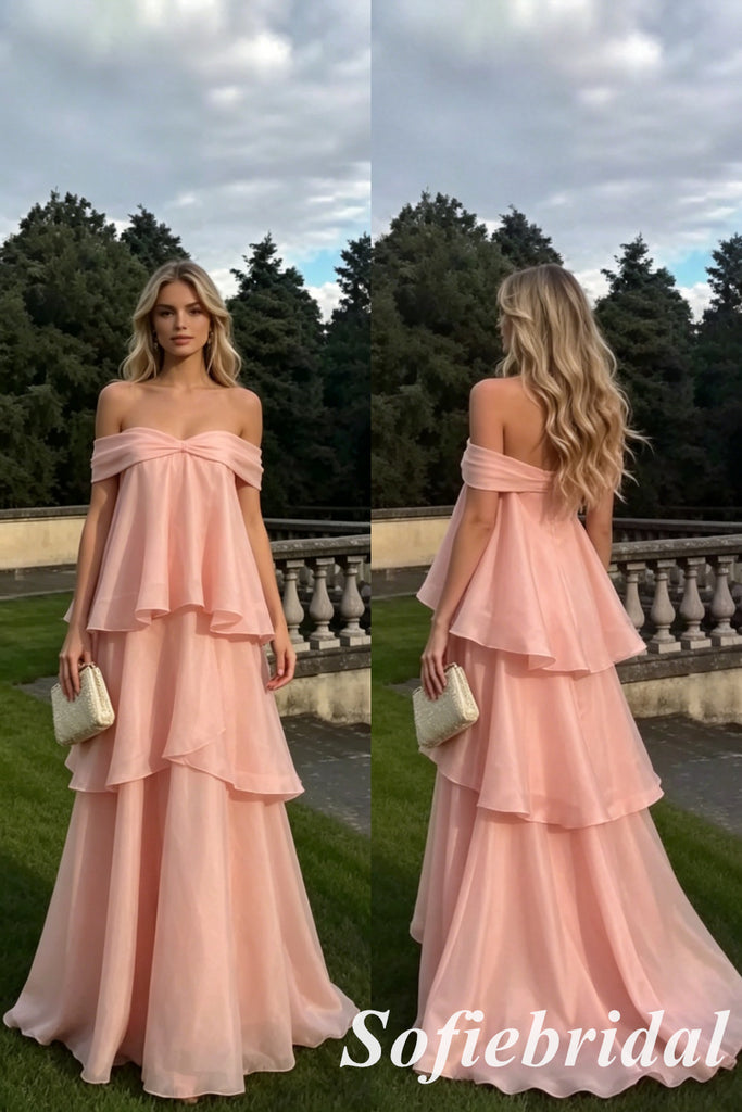 Pink Off The Shoulder Tiered Ruffle Prom Dress A Line Long Formal Evening Gown, PD01278
