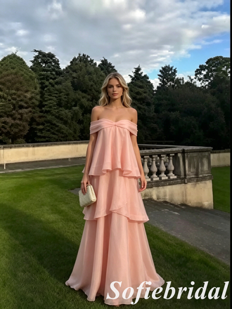 Pink Off The Shoulder Tiered Ruffle Prom Dress A Line Long Formal Evening Gown, PD01278
