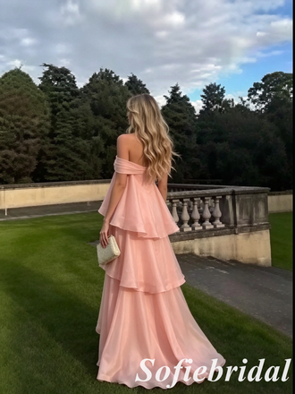 Pink Off The Shoulder Tiered Ruffle Prom Dress A Line Long Formal Evening Gown, PD01278