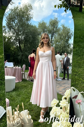 Blush Pink Spaghetti Strap Corset A-Line Midi Prom Dress Formal Gown, PD01280