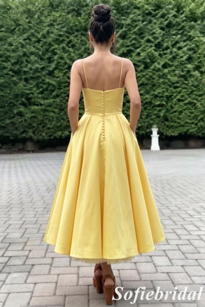 Spaghetti Strap Sweetheart Satin Midi Prom Dress A-Line Formal Bridesmaid Gown, PD01283