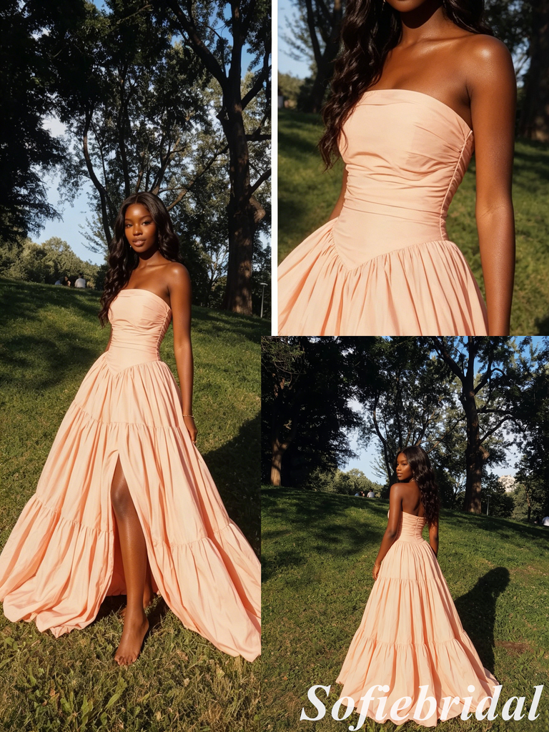 Peach Strapless Ruched Tiered A-Line Prom Dress Long Formal Evening Gown, PD01281