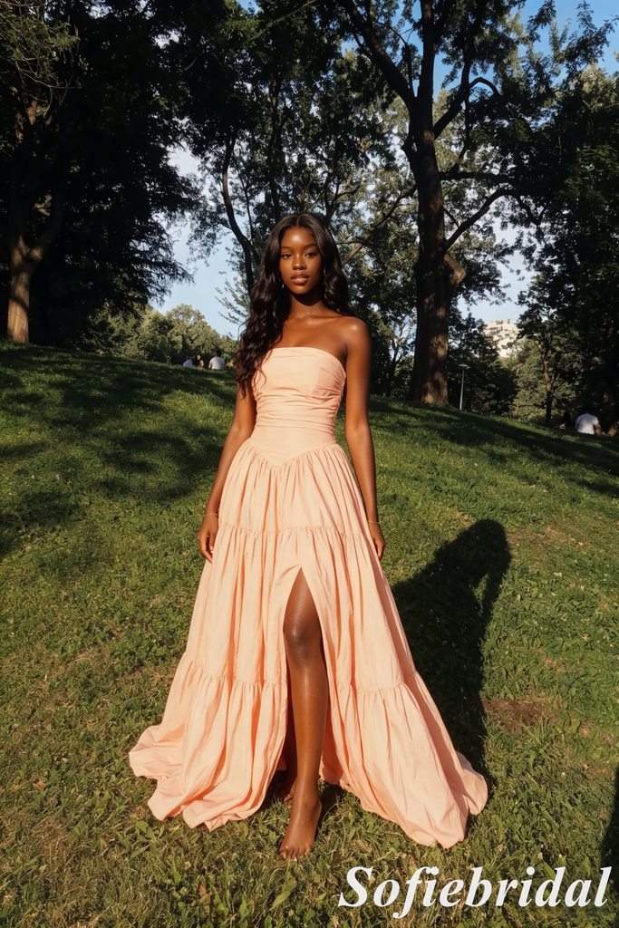 Peach Strapless Ruched Tiered A-Line Prom Dress Long Formal Evening Gown, PD01281