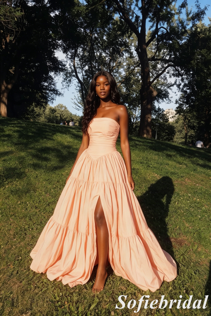 Peach Strapless Ruched Tiered A-Line Prom Dress Long Formal Evening Gown, PD01281