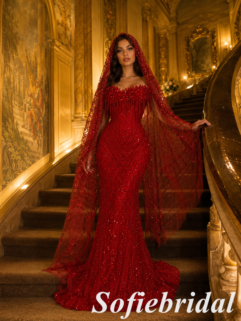 Red Sparkly Beaded Mermaid Wedding Dress With Floral Bodice And Veil, PD01286