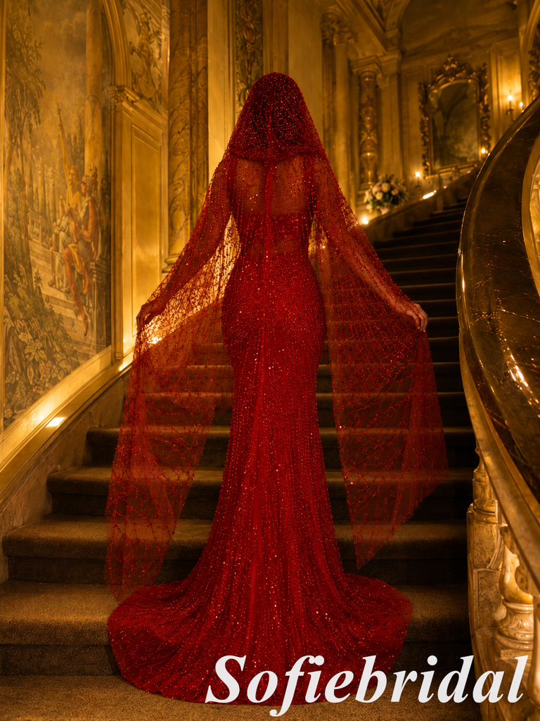 Red Sparkly Beaded Mermaid Wedding Dress With Floral Bodice And Veil, PD01286
