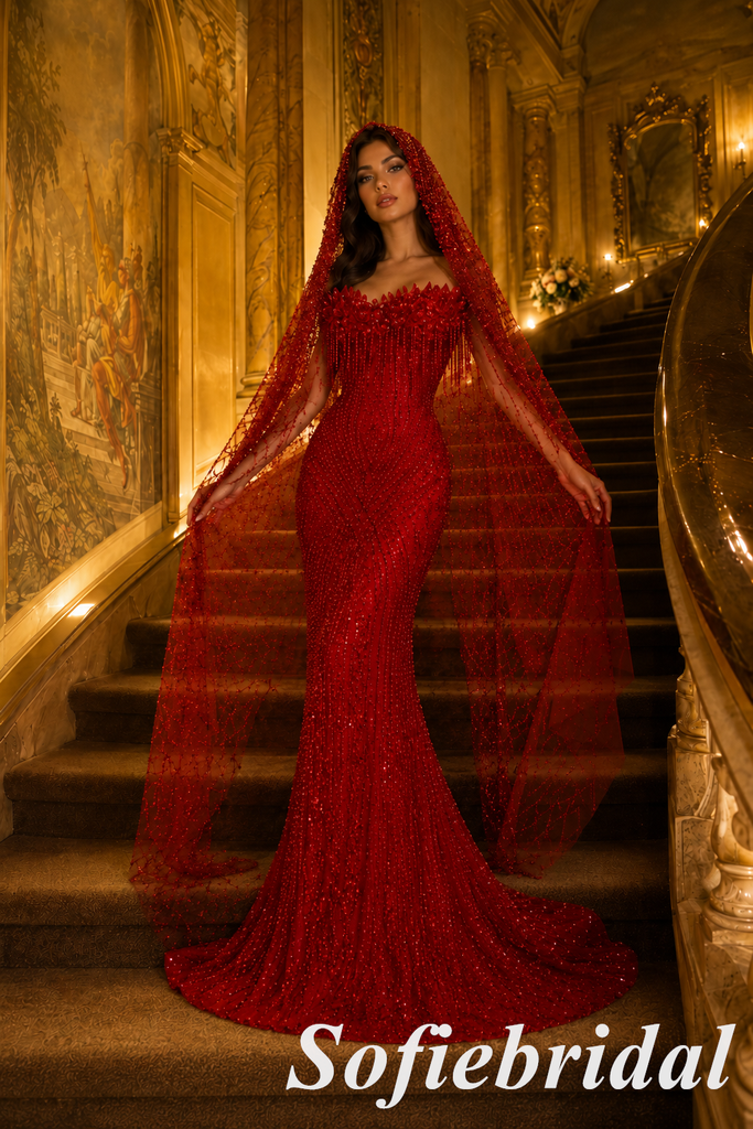 Red Sparkly Beaded Mermaid Wedding Dress With Floral Bodice And Veil, PD01286