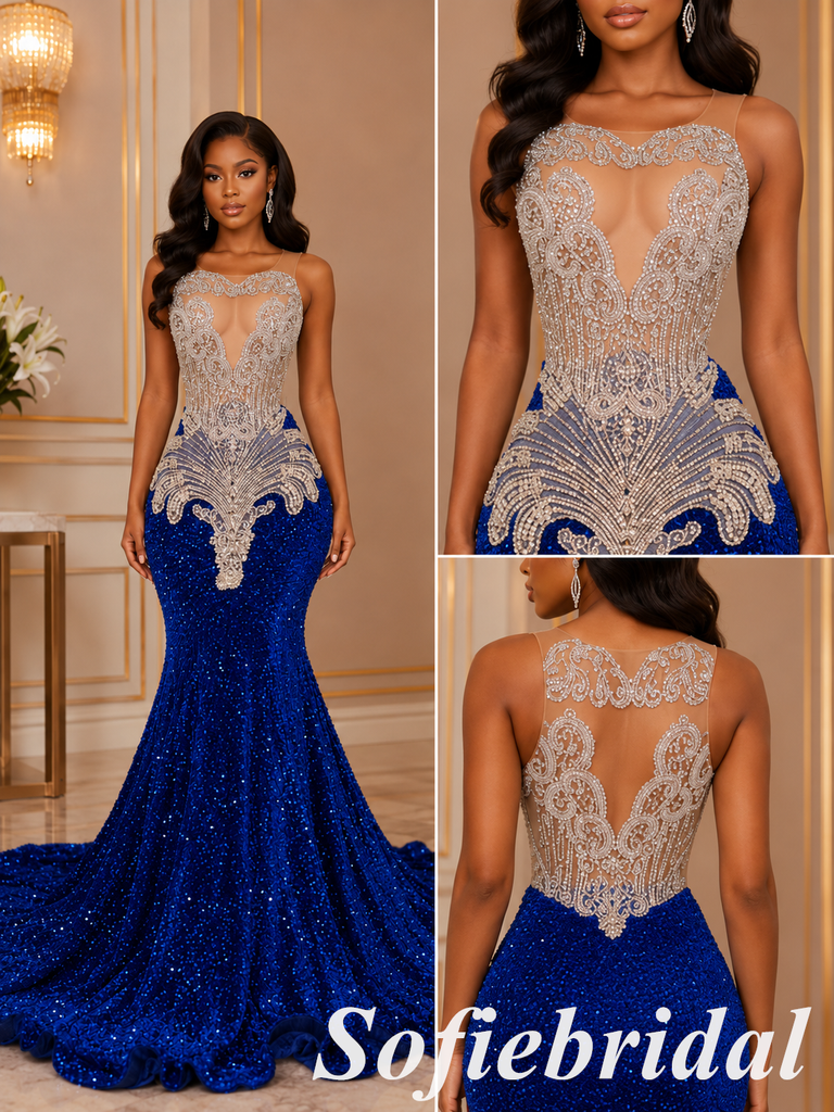Royal Blue Illusion Mesh Rhinestone Spaghetti Strap Mermaid Prom Gown, PD01288