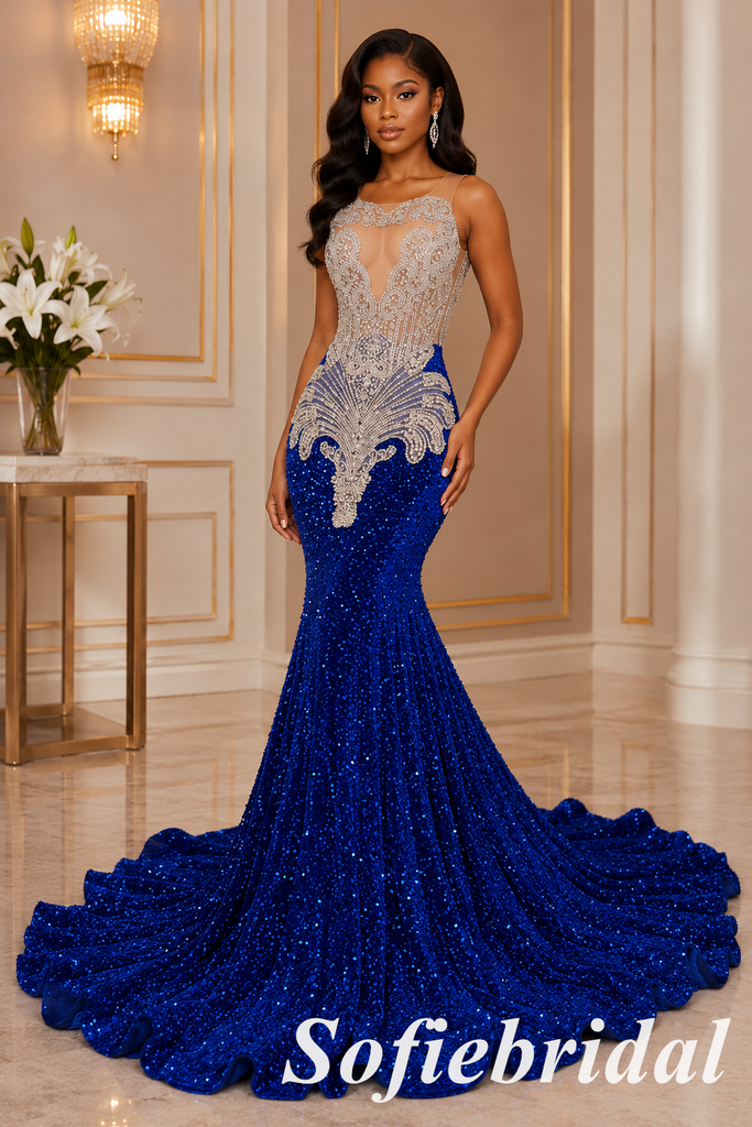 Royal Blue Illusion Mesh Rhinestone Spaghetti Strap Mermaid Prom Gown, PD01288