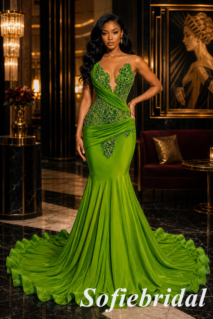 Olive Green Wrap Ruched Beaded Deep V-Neck Mermaid Satin Prom Dress, PD01289