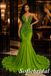 Olive Green Wrap Ruched Beaded Deep V-Neck Mermaid Satin Prom Dress, PD01289