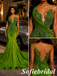 Olive Green Wrap Ruched Beaded Deep V-Neck Mermaid Satin Prom Dress, PD01289