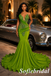 Olive Green Wrap Ruched Beaded Deep V-Neck Mermaid Satin Prom Dress, PD01289