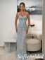 Light Blue Spaghetti Straps Sweetheart Lace Applique Mermaid Evening Gown, PD01291