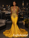 Yellow Gold Beaded Deep V-Neck Mermaid Prom Dress with Feather Accent, PD1292