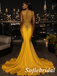 Yellow Gold Beaded Deep V-Neck Mermaid Prom Dress with Feather Accent, PD1292