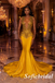 Yellow Gold Beaded Deep V-Neck Mermaid Prom Dress with Feather Accent, PD1292
