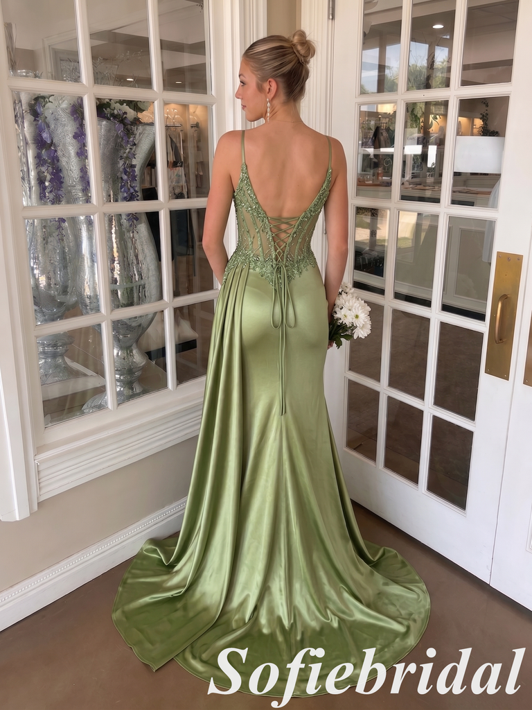 Sage Green Satin Corset Spaghetti Strap Mermaid Prom Dress With High Slit, PD1298