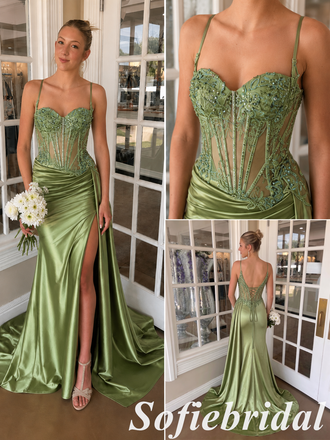Sage Green Satin Corset Spaghetti Strap Mermaid Prom Dress With High Slit, PD1298