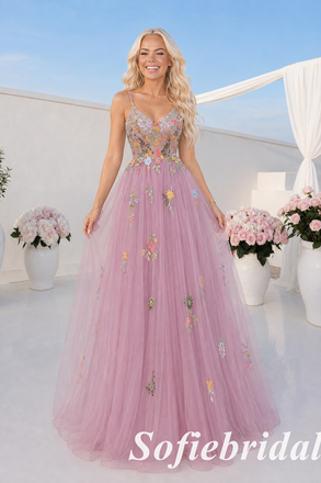 Elegant Tulle Spaghetti Strap A-Line Prom Dress With Colorful Floral Embroidery, PD1301