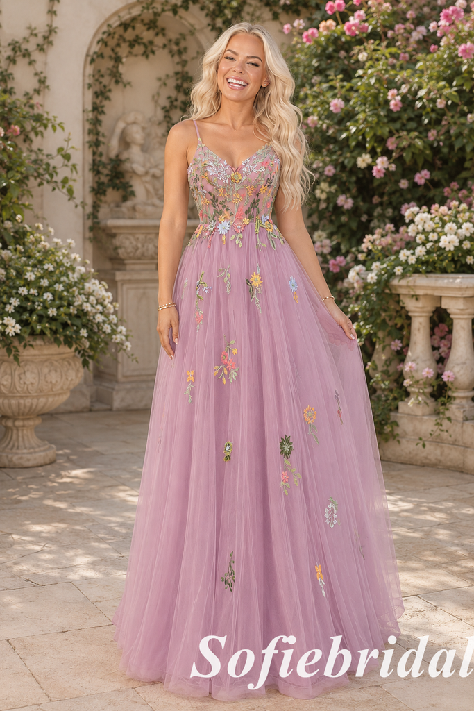 Elegant Tulle Spaghetti Strap A-Line Prom Dress With Colorful Floral Embroidery, PD1301