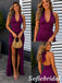 Rich Violet Jersey Deep V Halter Backless Ruched High Slit Wedding Guest Dress, PD1304