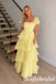 Butter Yellow Flowy Chiffon Square Neck Tiered Ruffle A-Line Long Prom Dress, PD1302