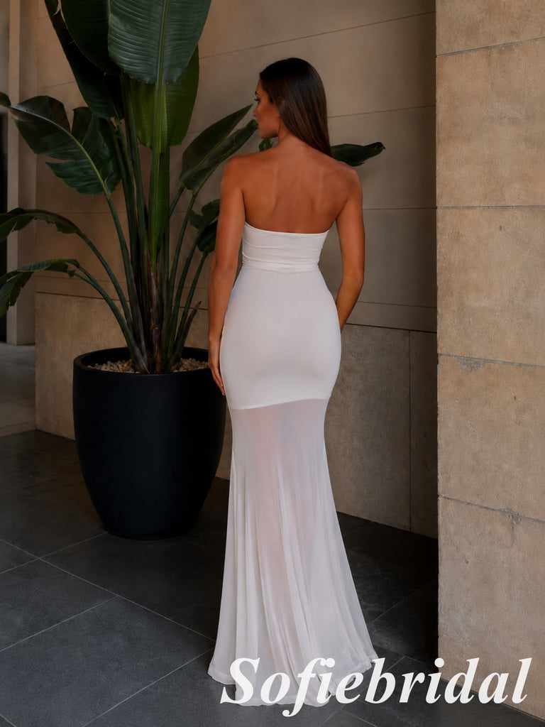 Ivory Tube Top Sheer Chiffon Mermaid Gown Sleeveless Slim Fit Long Formal Party Dress, PD1306