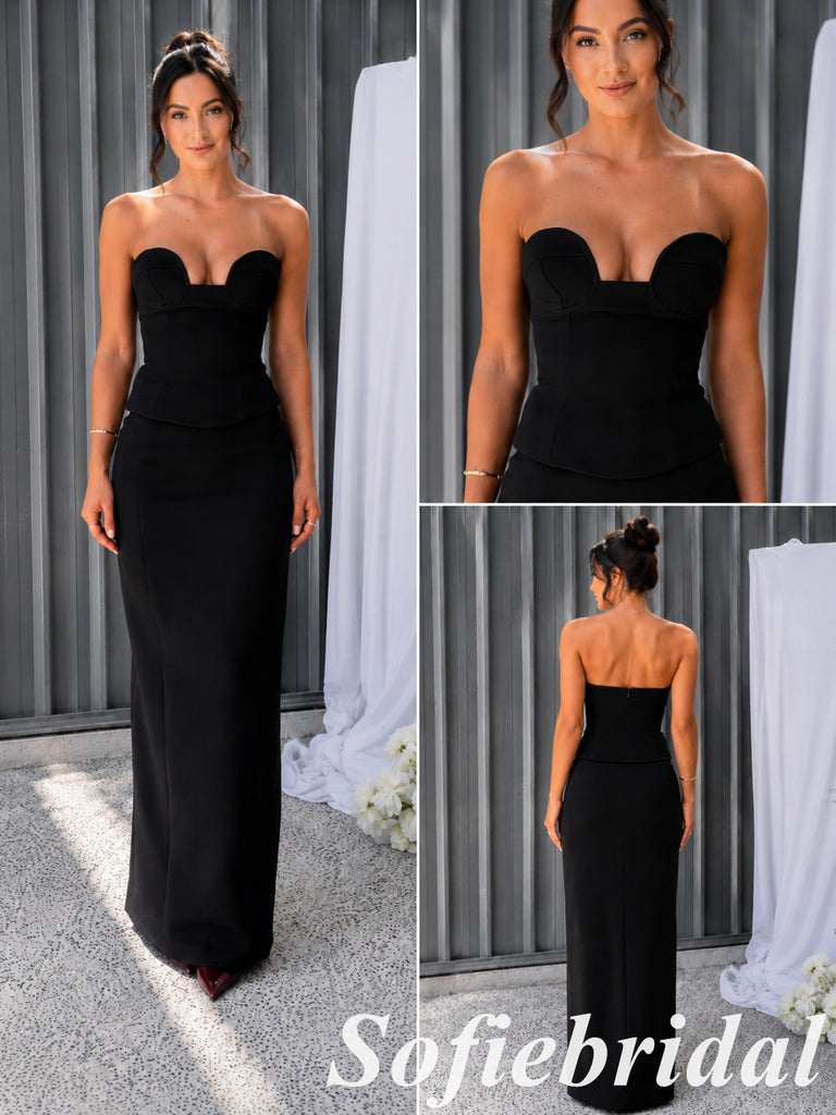 Two Piece Black Crepe Bustier Column Long Formal Dress For Wedding Guest, PD1307