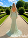 Sage Beaded Tulle Mermaid Prom Dress Long Puff Sleeve Formal Gown, PD1308