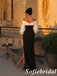 Contrast White Bardot Puff Sleeve Black Fitted Slit Pocket Evening Gown, PD1311