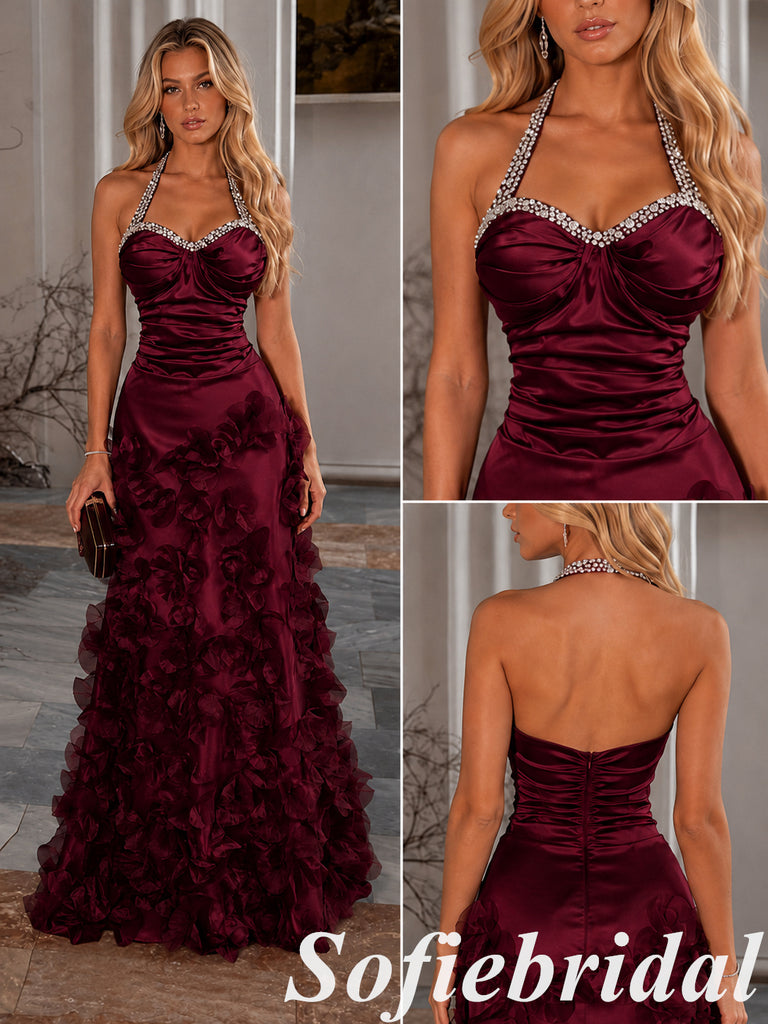Luxury Burgundy Silk Satin Halter Backless Mermaid Prom Dress Rhinestone Detail 3D Flowers, PD1312