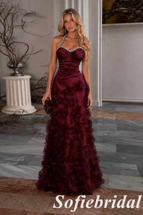 Luxury Burgundy Silk Satin Halter Backless Mermaid Prom Dress Rhinestone Detail 3D Flowers, PD1312