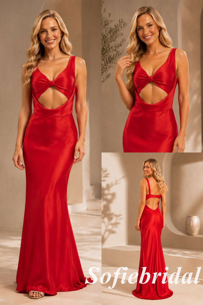 Luxury Red Satin Mermaid Evening Gown Front Cutout Bow Open Back, PD1313
