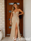 Shiny Champagne Beaded Tulle Strapless Slit Mermaid Prom Gown, PD1316