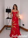 Elegant Red Satin Spaghetti Strap Evening Gown With Gold Sun Embroidery, PD1317