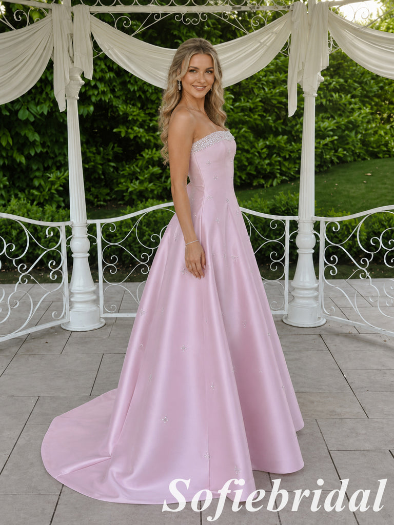 Sweet Light Pink Satin Strapless Ball Gown With Rhinestone Details, PD1318