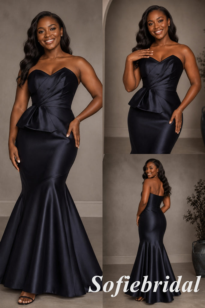 Elegant Navy Satin Strapless Peplum Mermaid Evening Gown, PD1320