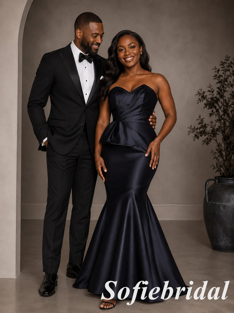 Elegant Navy Satin Strapless Peplum Mermaid Evening Gown, PD1320