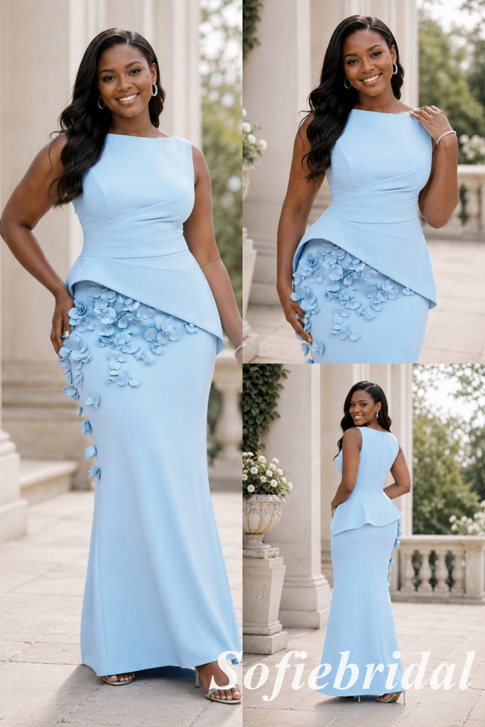 Chic Crepe Sky Blue 3D Floral Sleeveless Peplum Column Gown, PD1321