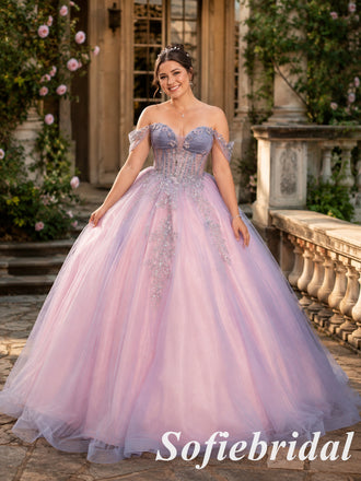 Romantic Pink Lavender Off Shoulder Floral Tulle Ball Gown, PD1323