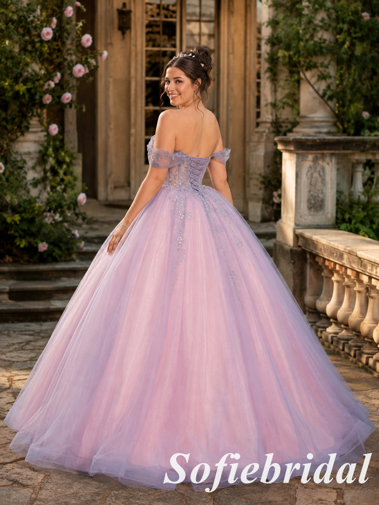 Romantic Pink Lavender Off Shoulder Floral Tulle Ball Gown, PD1323
