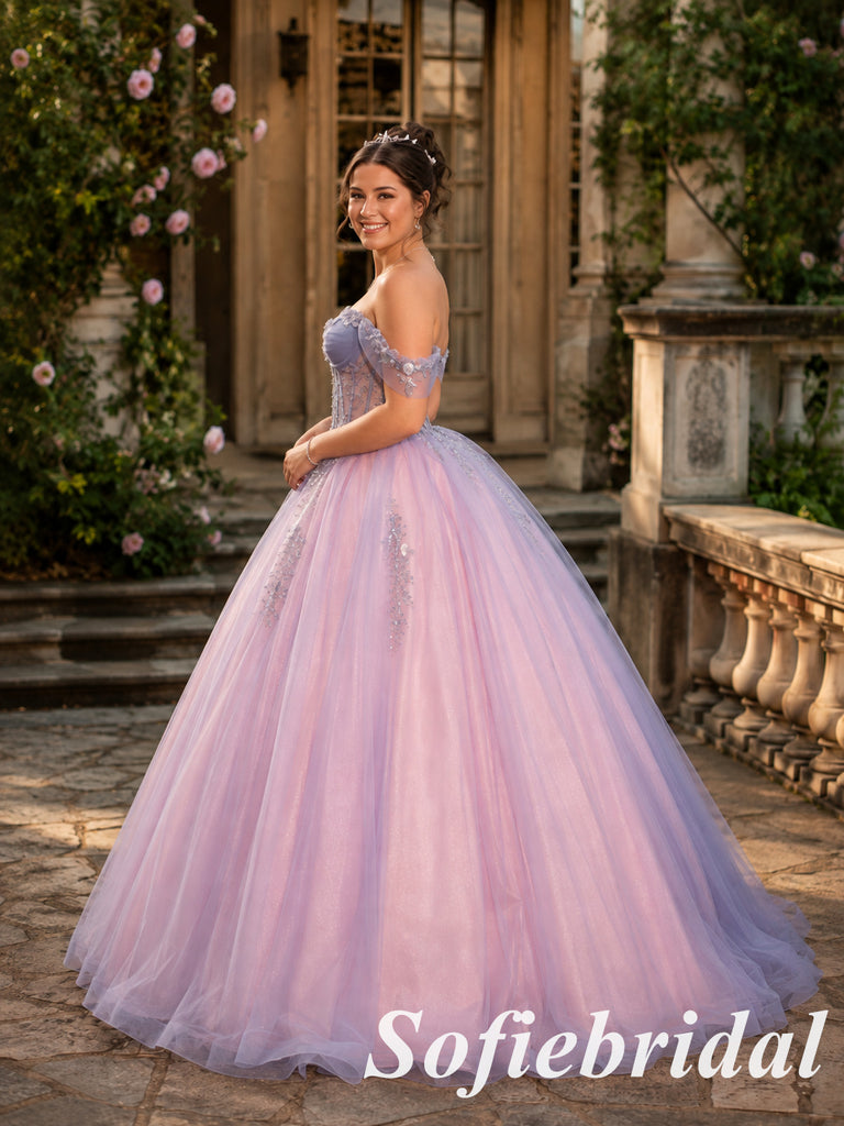 Romantic Pink Lavender Off Shoulder Floral Tulle Ball Gown, PD1323