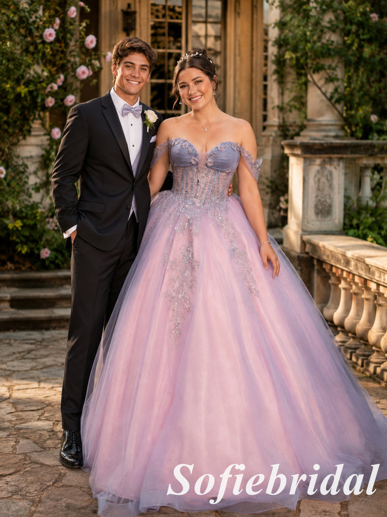 Romantic Pink Lavender Off Shoulder Floral Tulle Ball Gown, PD1323