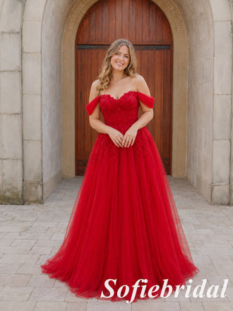 Glamorous Red Off Shoulder Sweetheart Lace Tulle A Line Prom Gown, PD1324