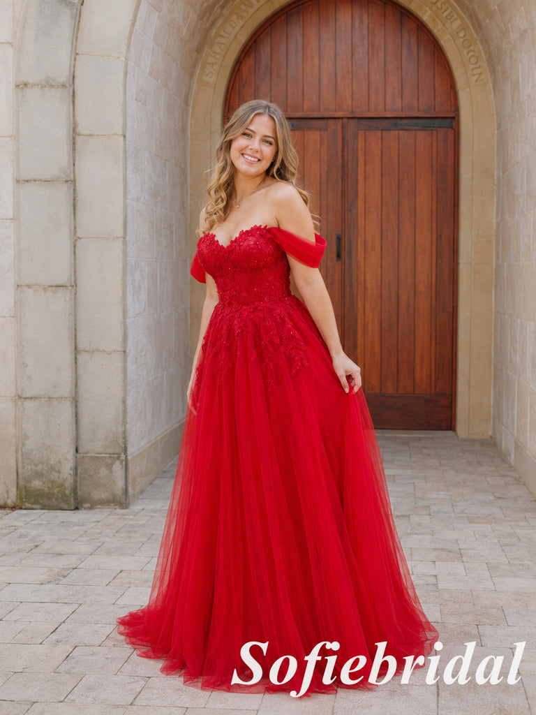 Glamorous Red Off Shoulder Sweetheart Lace Tulle A Line Prom Gown, PD1324