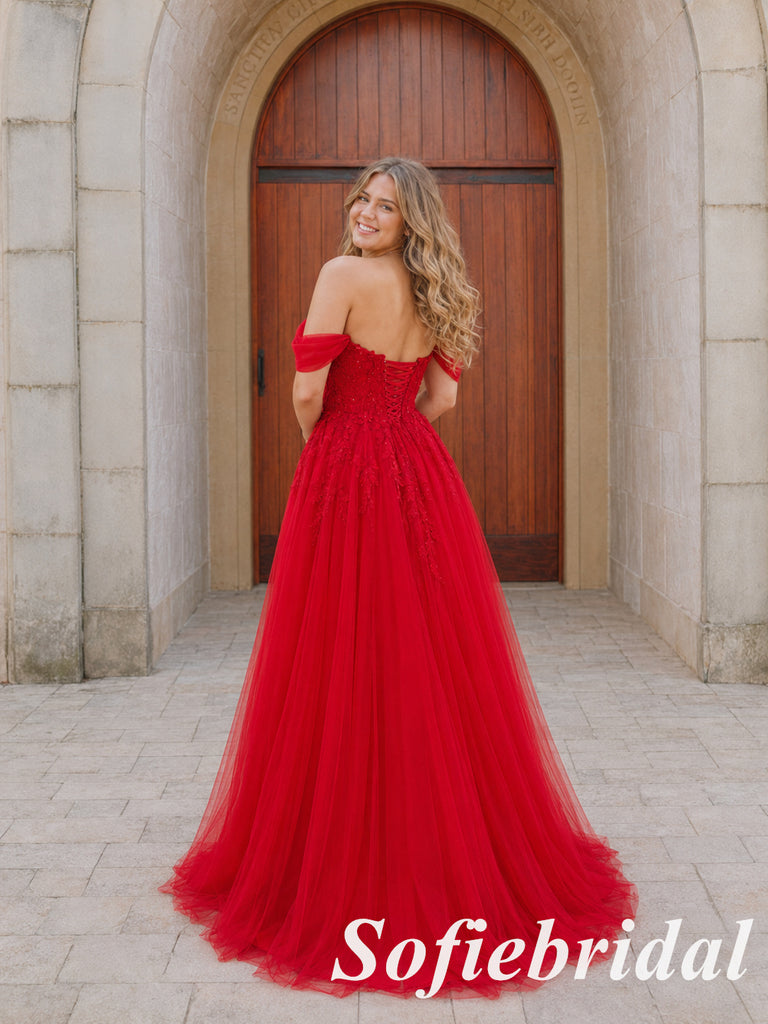 Glamorous Red Off Shoulder Sweetheart Lace Tulle A Line Prom Gown, PD1324